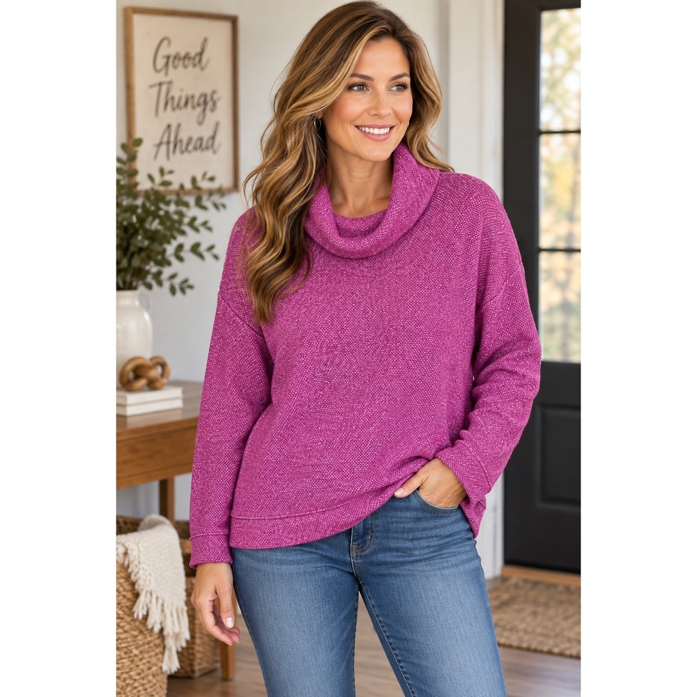 Lands End Womens Petite Large 14-16 Cowl Neck Textured Pullover Top Cozy Fall